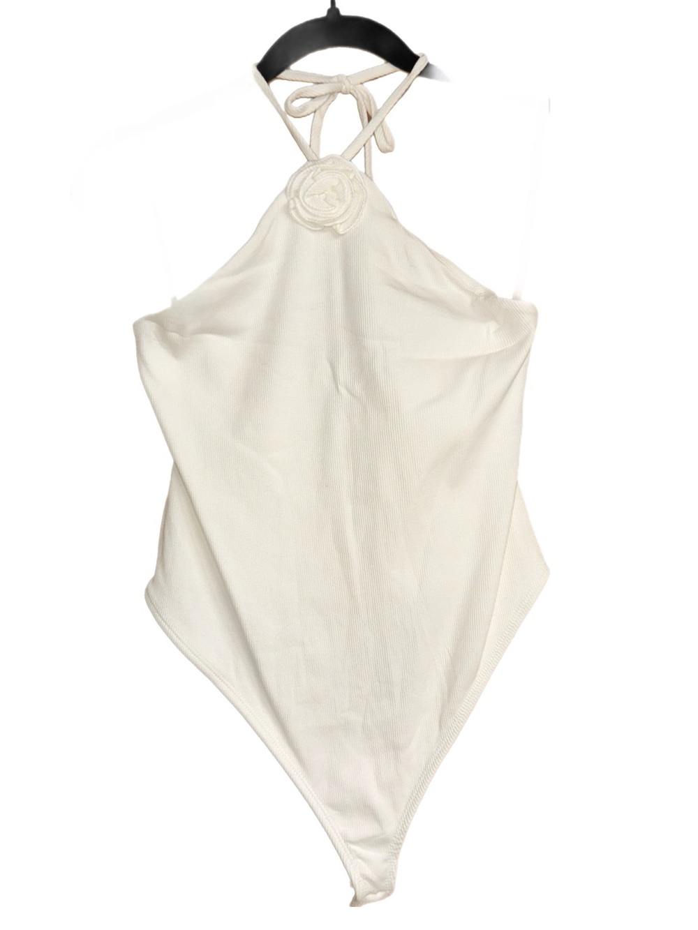 Wild Fable - White Ribbed Halter Bodysuit with Floral Detail - Size‎ Medium